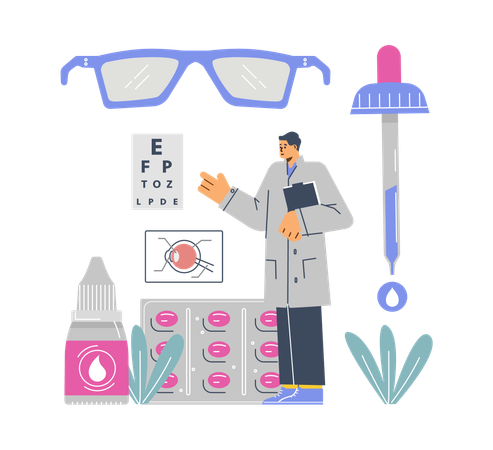 Médico oftalmólogo de pie cerca de la tabla de pruebas oculares durante la corrección y el tratamiento de la visión.  Ilustración