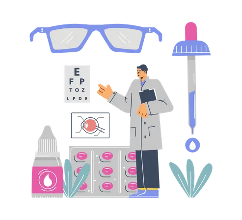 Médico oftalmólogo de pie cerca de la tabla de pruebas oculares durante la corrección y el tratamiento de la visión.  Ilustración