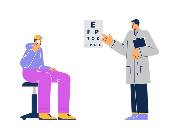 Médico oftalmólogo de pie cerca de la tabla de pruebas de la vista mientras revisa la visión de los pacientes  Ilustración