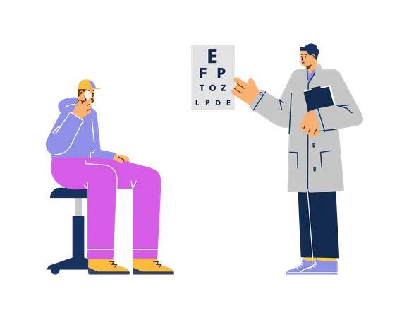 Médico oftalmólogo de pie cerca de la tabla de pruebas de la vista mientras revisa la visión de los pacientes  Ilustración