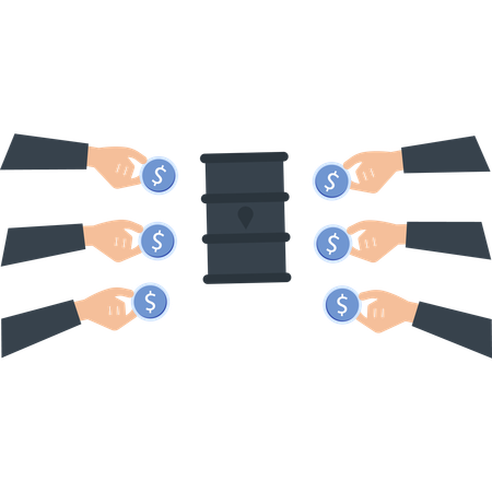 Oil Barrel Surrounded by Hands Holding Dollar Coins  Illustration