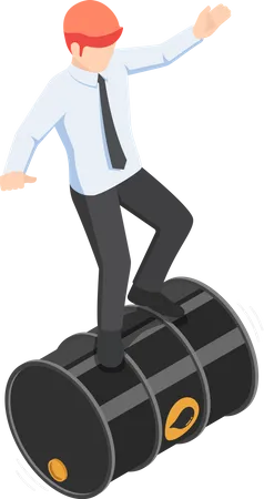 Flat 3 D Isometric Businessman Balancing On Rolling Oil Barrel Oil Crisis And Investment Risk Concept イラスト