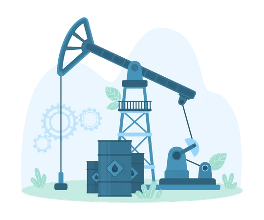 Oil Industry Equipment Pumpjack And Barrels Vector Illustration Cartoon Drilling Rig And Pump In Crude Oil Well Industrial Machine For Oilfield Exploration For Petroleum Production And Trade Illustration