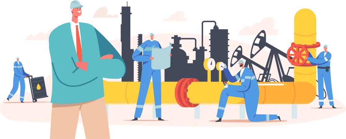 Oil industry employees working at factory Illustration