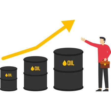 Oil Price Rising High Demand Or Energy Or Gasoline Industry Concept Crude Oil Commodity Price Growth After Crisis Businessman Trader Standing On Piles Of Gallons Of Oil Drawing A Rising Graph 일러스트레이션