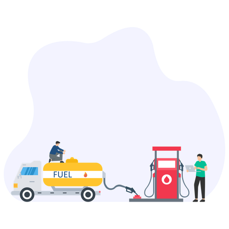 Oil tanker depositing fuel at gas station  Illustration