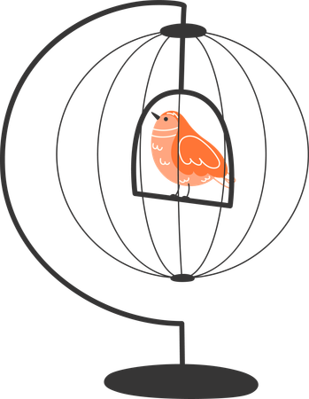 Oiseau chanteur orange assis sur une balançoire dans une cage à oiseaux sphérique suspendue en fil de fer  Illustration