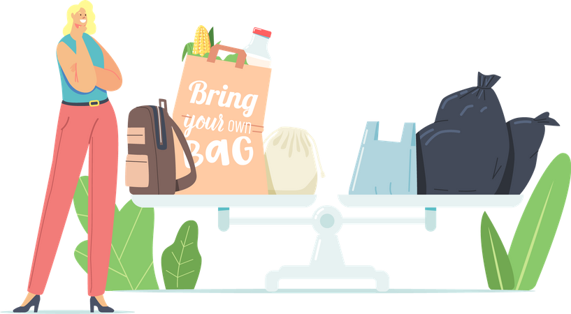 Öko-Aktivistin denkt über die Entsorgung von Plastikmüll nach  Illustration