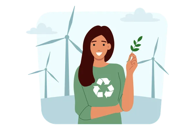 Umweltaktivistin steht neben Windrädern zur Erzeugung grüner Energie  Illustration