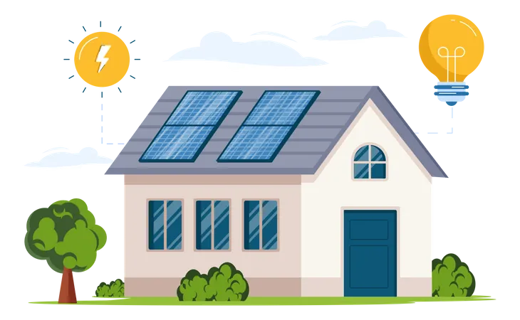 Gebaude Mit Sonne Und Gluhbirne Konzept Der Solar Home Flachbild Illustration Illustration