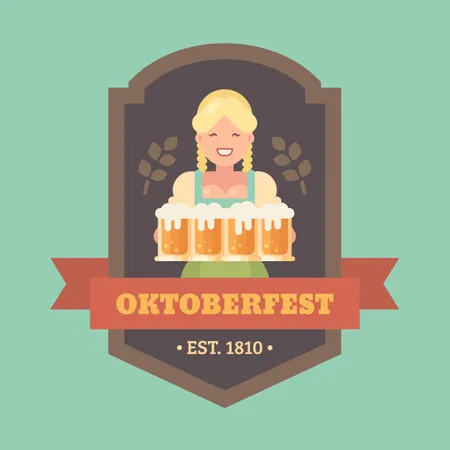 Oktoberfest-Flachbild-Illustrationsabzeichen mit blonder Biermagd, die vier Bierkrüge hält  Illustration