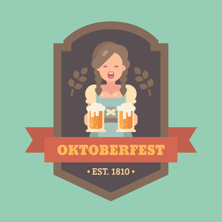 Oktoberfest flat illustration badge with beer maid holding two beer mugs  Illustration