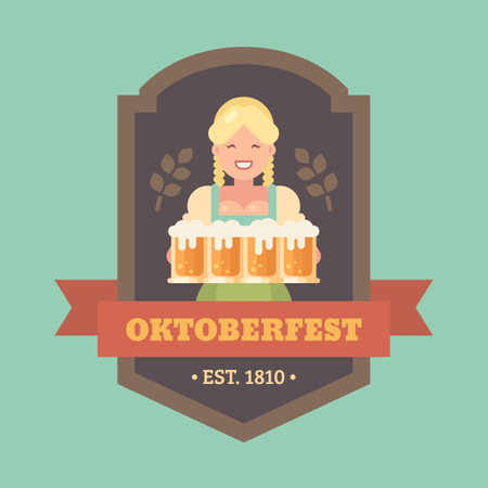 Oktoberfest flat illustration badge with blonde beer maid holding four beer mugs  Illustration