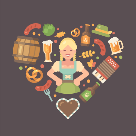 Ícones planos da Oktoberfest dispostos no coração em torno da empregada de cerveja em vestido dirndl  Ilustração