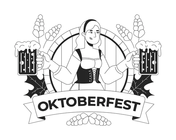 Oktoberfest logo with happy woman holding beer mugs  Illustration