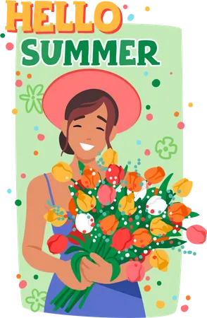 Olá pôster de verão com uma jovem mulher sorridente segurando flores de verão  Ilustração