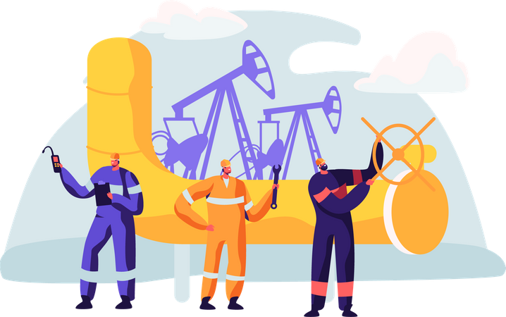 Ölarbeiter am Fließband einer Erdölraffinerie  Illustration