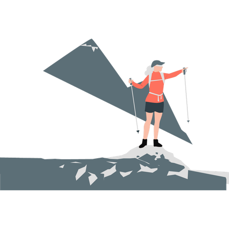 Old active lady reached top of montain  Illustration