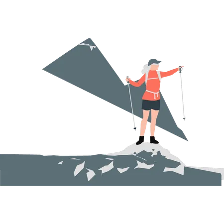 Old active lady reached top of montain  Illustration