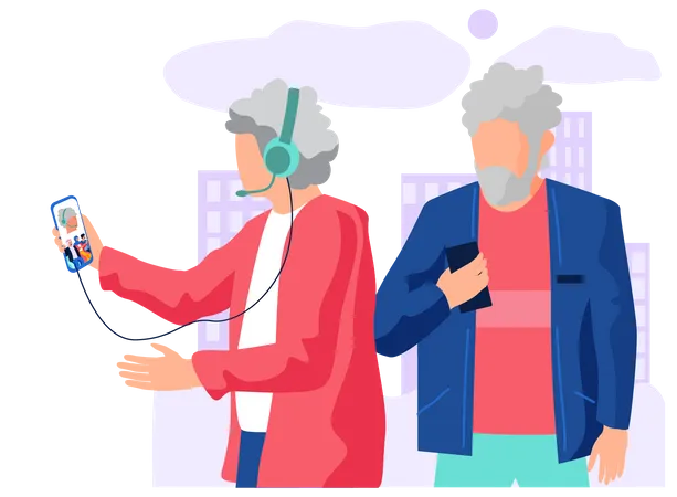 Old Aged Family Couple Man And Woman Communicating Using Smart Phone Listening To Music Elderly People Talking Chatting Messaging Gossiping On Social Network Topics With Modern Digital Device Illustration