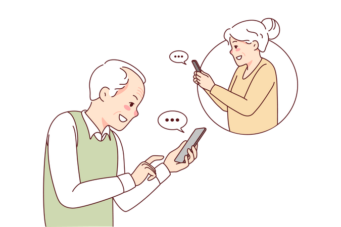 Old aged couple chat via mobile phone  イラスト