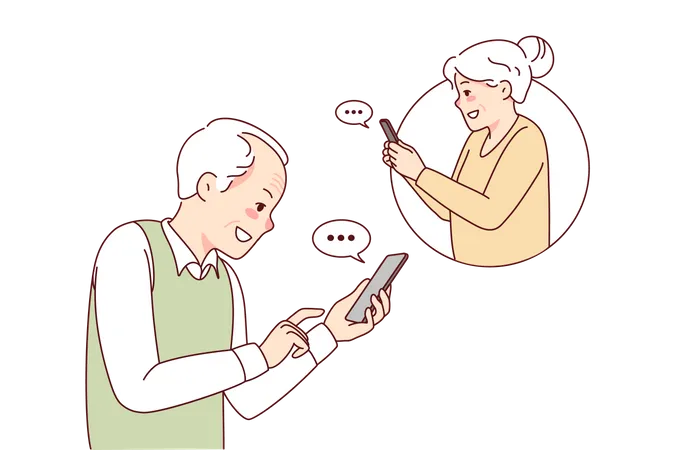 Old aged couple chat via mobile phone  Illustration