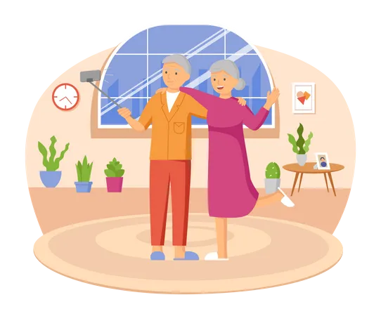 Old aged couple clicking selfie Illustration