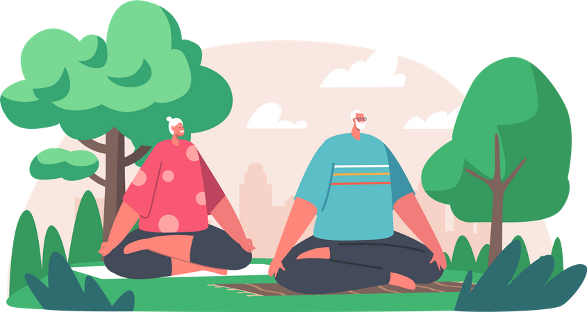 Old aged couple doing yoga in park Illustration