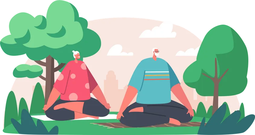 Old aged couple doing yoga in park  Illustration