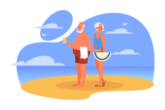 Old aged couple having fun at beach together Illustration