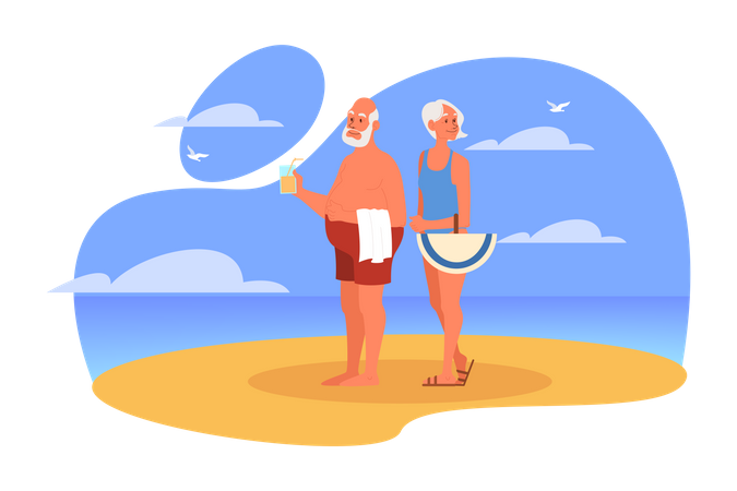 Old aged couple having fun at beach together  Illustration