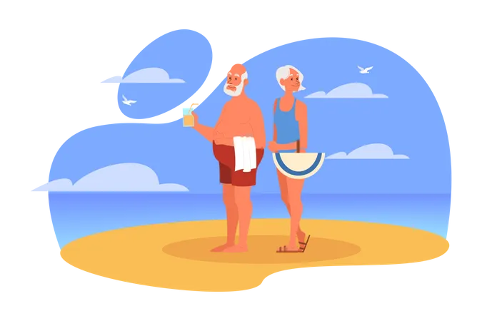 Old aged couple having fun at beach together  Illustration