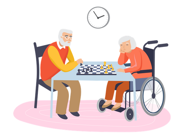 Old aged couple playing chess  Illustration