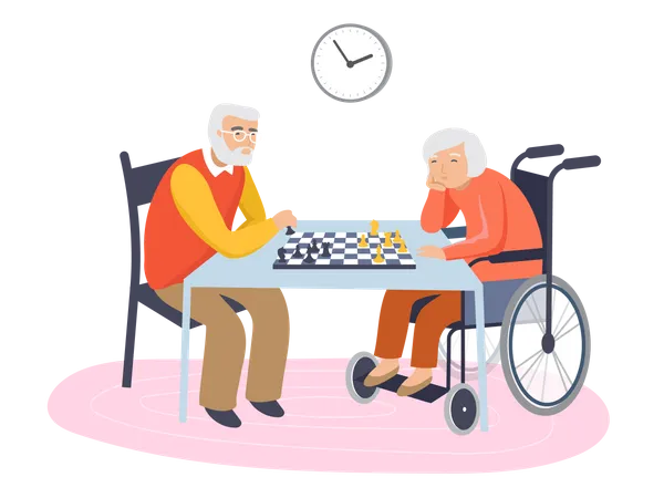 Old aged couple playing chess  Illustration