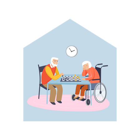 Old aged couple playing chess  Illustration