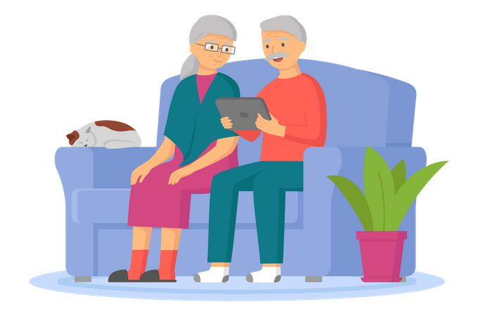 Old aged couple using tablet device Illustration