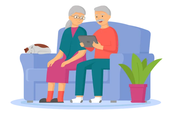 Old aged couple using tablet device  Illustration