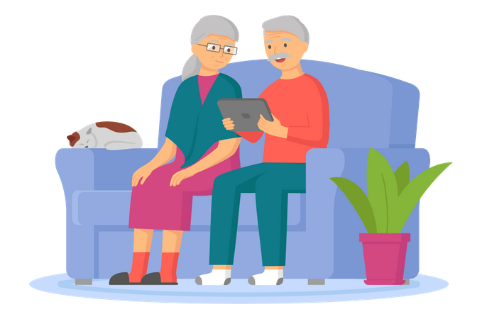 Old aged couple using tablet device  Illustration