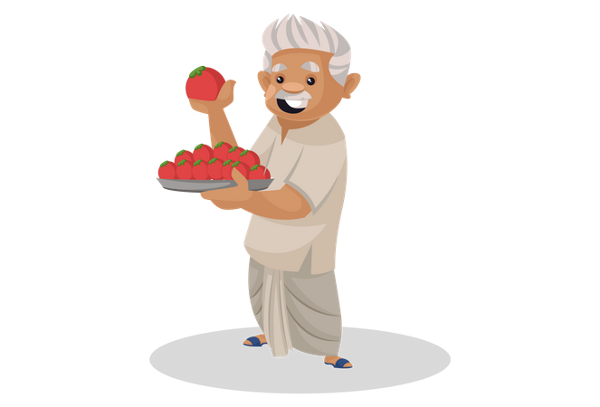 Old aged farmer holding plate of tomatoes in his hand Illustration