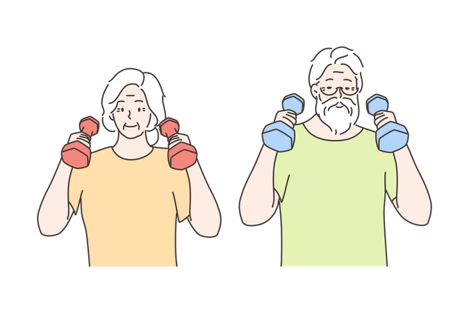 Old aged fit couple lifting dumbbells  Illustration