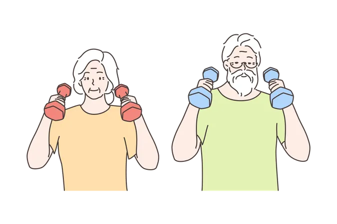 Old aged fit couple lifting dumbbells  Illustration