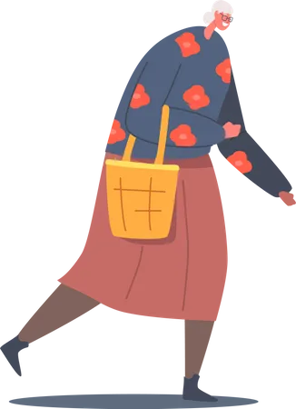 Old aged granny walking with handbag  Illustration