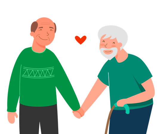 Old aged male couple walking hand in hand Illustration