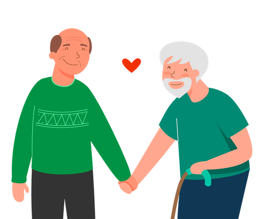 Old aged male couple walking hand in hand  Illustration