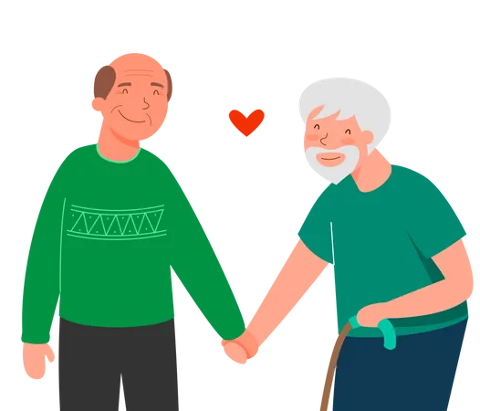 Old aged male couple walking hand in hand  Illustration