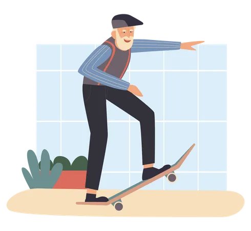 Old aged man riding skateboard  Illustration