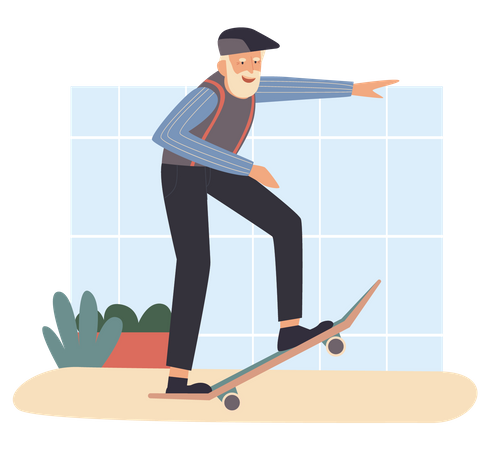 Old aged man riding skateboard  Illustration