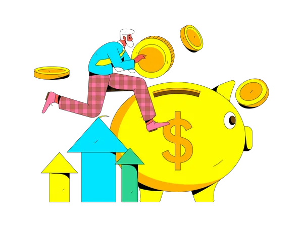 Old aged man saving money into piggy-bank  Illustration