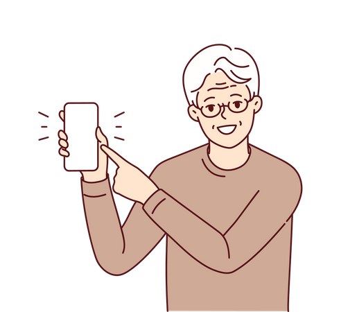 Old aged man showing smartphone  イラスト
