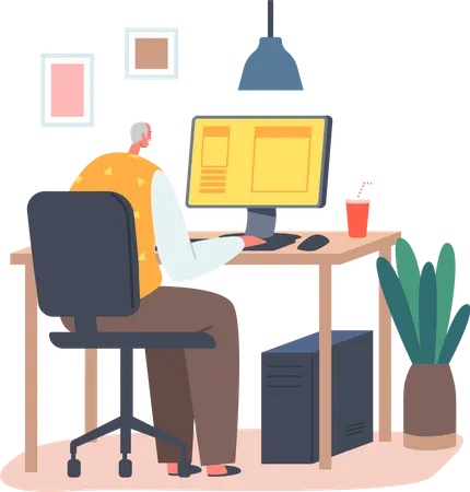 Grandpa Using New Technologies Senior Grey Haired Male Character Sit At Desk With Pc Typing Message Watch Video Or Surfing In Networks Aged Man Use Electronic Device Cartoon Vector Illustration Illustration